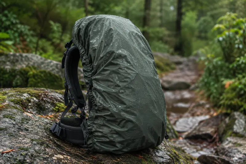 Housse de pluie ajustée sur un sac à dos posé sur un rocher