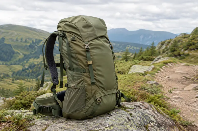 Sac à dos de randonnée posé sur un rocher devant un sentier alpin