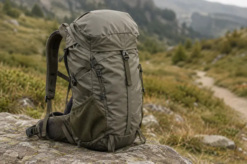 Sac à dos ultraléger posé sur une pierre en montagne