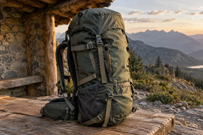 Grand sac de trekking posé dans un abri ouvert sur la montagne