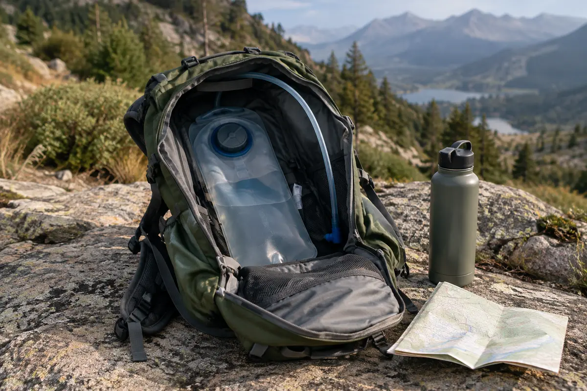 Sac de randonnée ouvert avec poche à eau, tuyau et gourde préparés pour un itinéraire en montagne