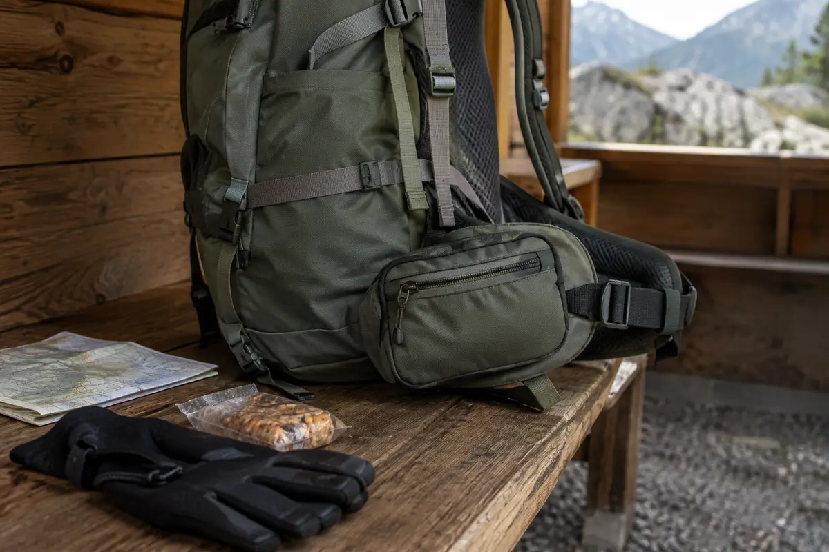 Sac de randonnée posé avec une petite poche fixée sur le côté de la ceinture ventrale