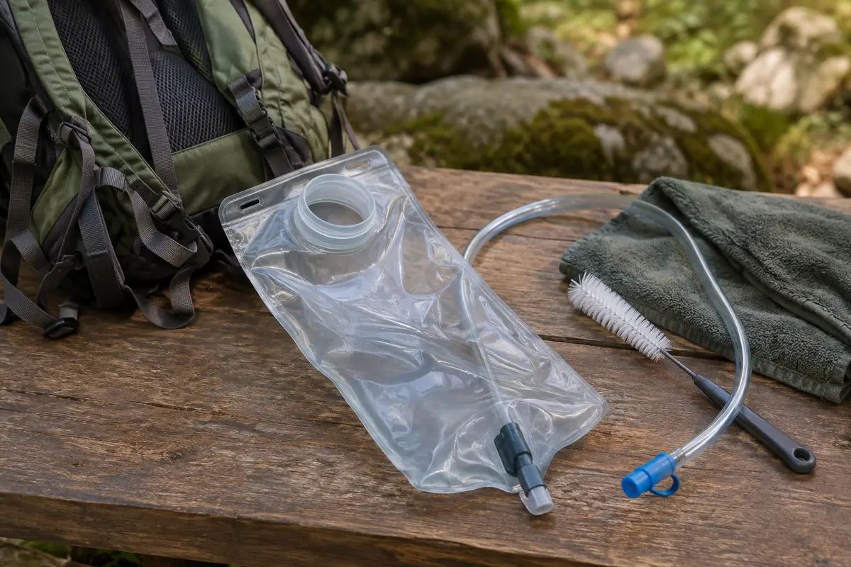 Poche à eau ouverte et tuyau posés à côté d’un sac de randonnée avec une brosse de nettoyage.