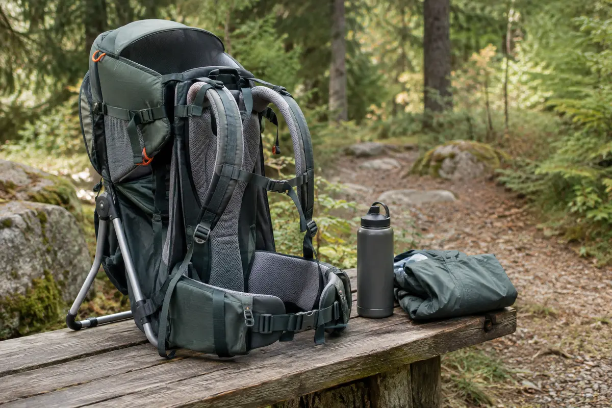 Porte-bébé de randonnée équipé, posé près d’un sentier forestier avant une sortie
