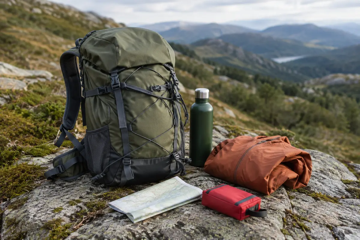 Sac de randonnée de journée et équipement essentiel disposés près d’un sentier de montagne