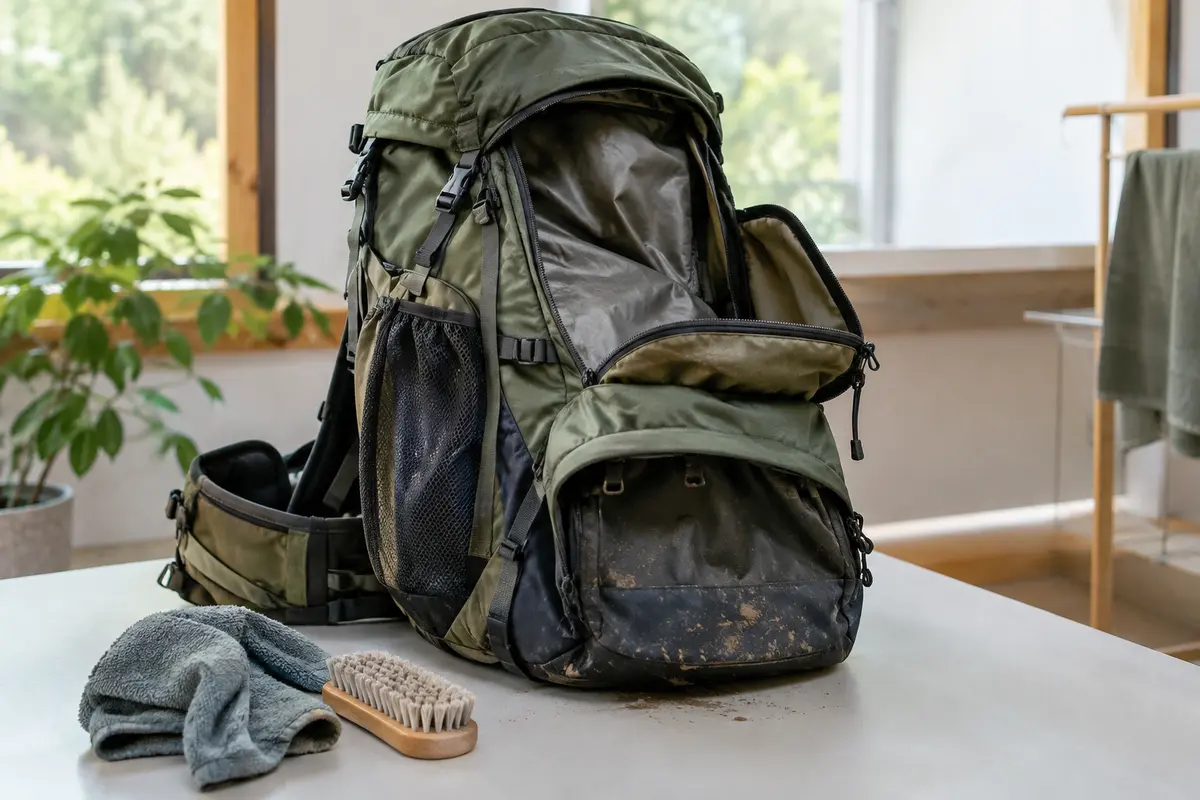 Sac de randonnée ouvert en cours de séchage après un nettoyage doux des traces de boue