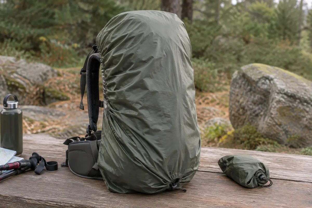Sac de randonnée chargé avec une housse de pluie ajustée et une seconde housse repliée à côté