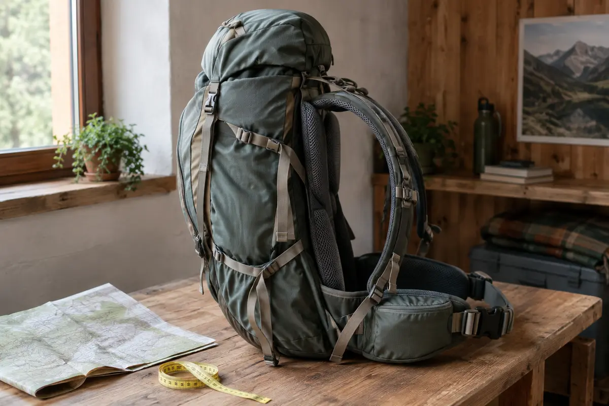 Sac de randonnée de profil avec mètre ruban, montrant le dos, les bretelles et la ceinture ventrale.