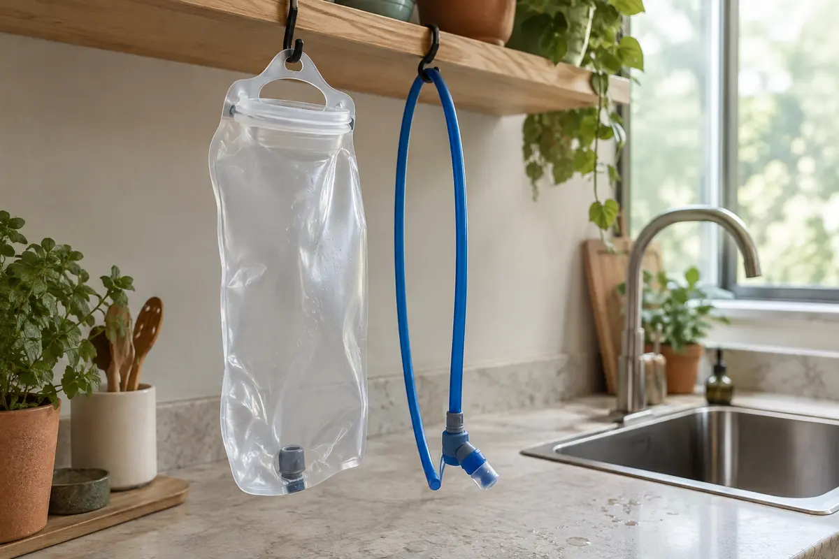 Poche à eau de randonnée vide suspendue à un crochet et son tuyau détaché qui pend librement à côté pour sécher après le nettoyage