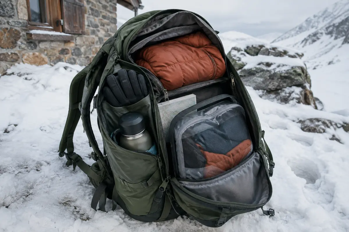 Sac de randonnée ouvert dans la neige, avec couches chaudes et matériel rangés pour rester accessibles