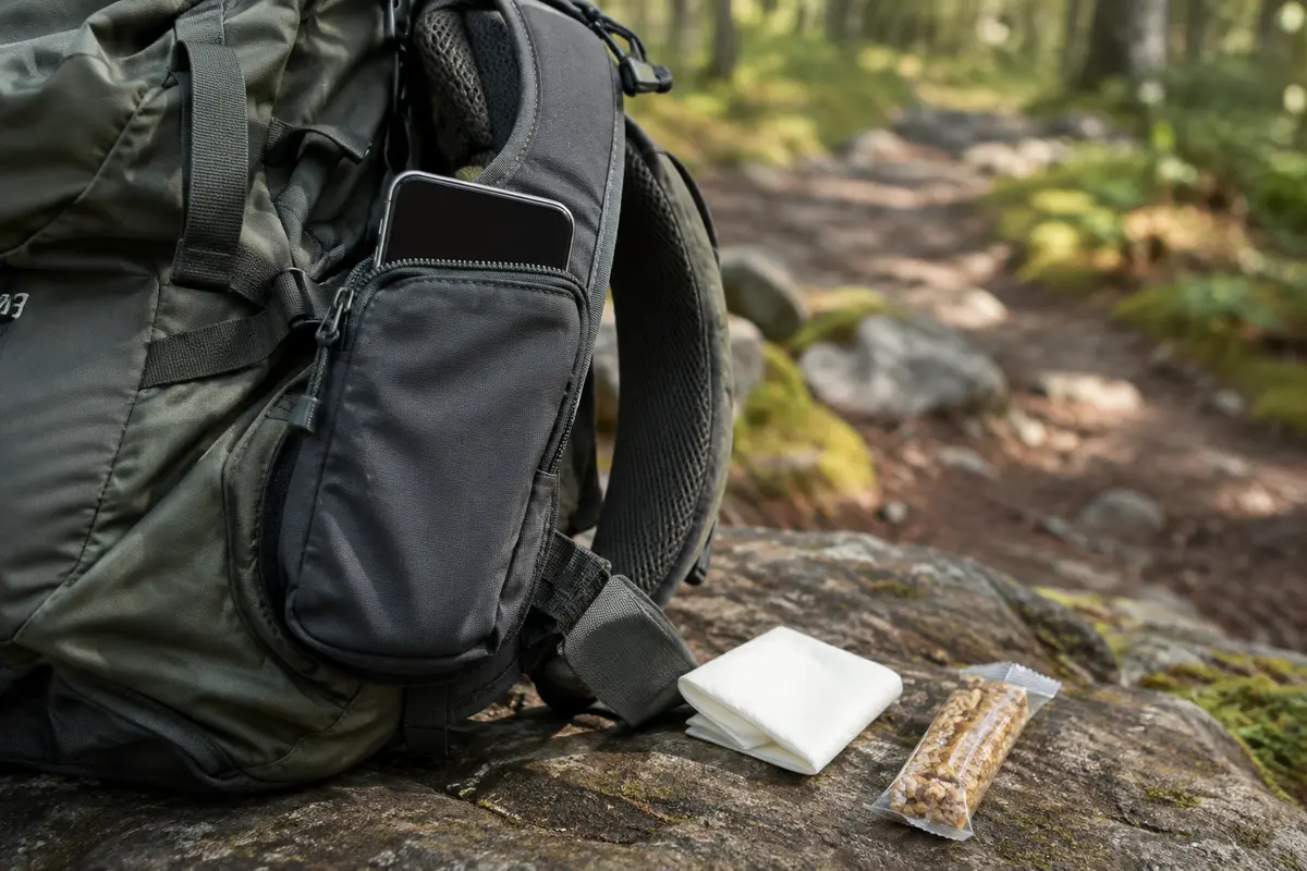 Gros plan sur la poche de bretelle d’un sac de randonnée contenant un téléphone et de petits objets