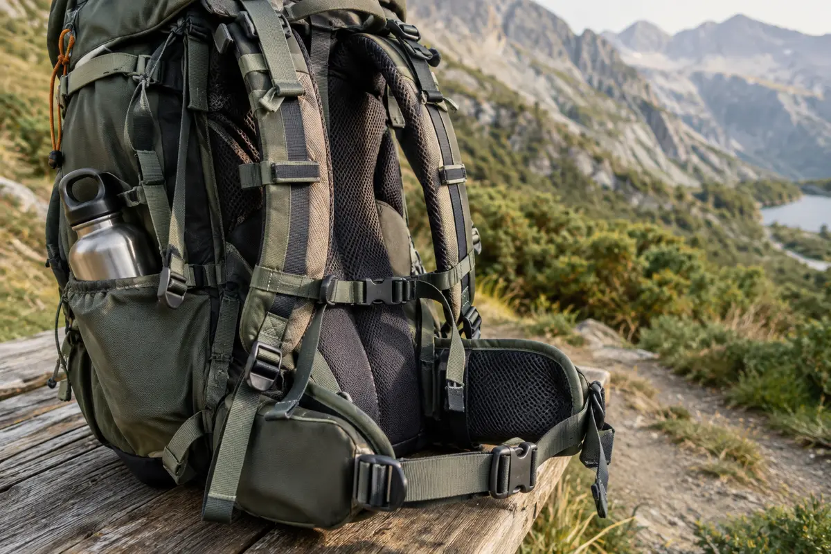 Sac de randonnée chargé posé sur un banc, avec ceinture ventrale et sangles de réglage visibles.