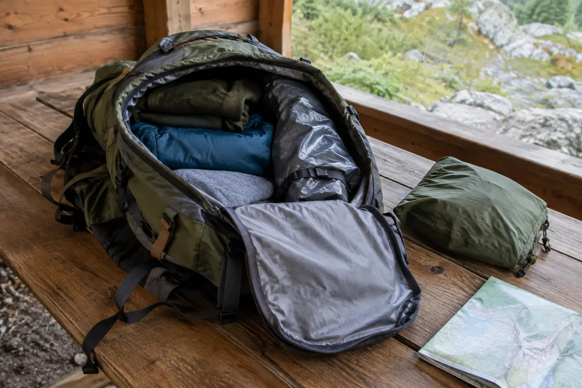 Sac de randonnée ouvert montrant un liner intérieur qui protège les vêtements secs de l’humidité.