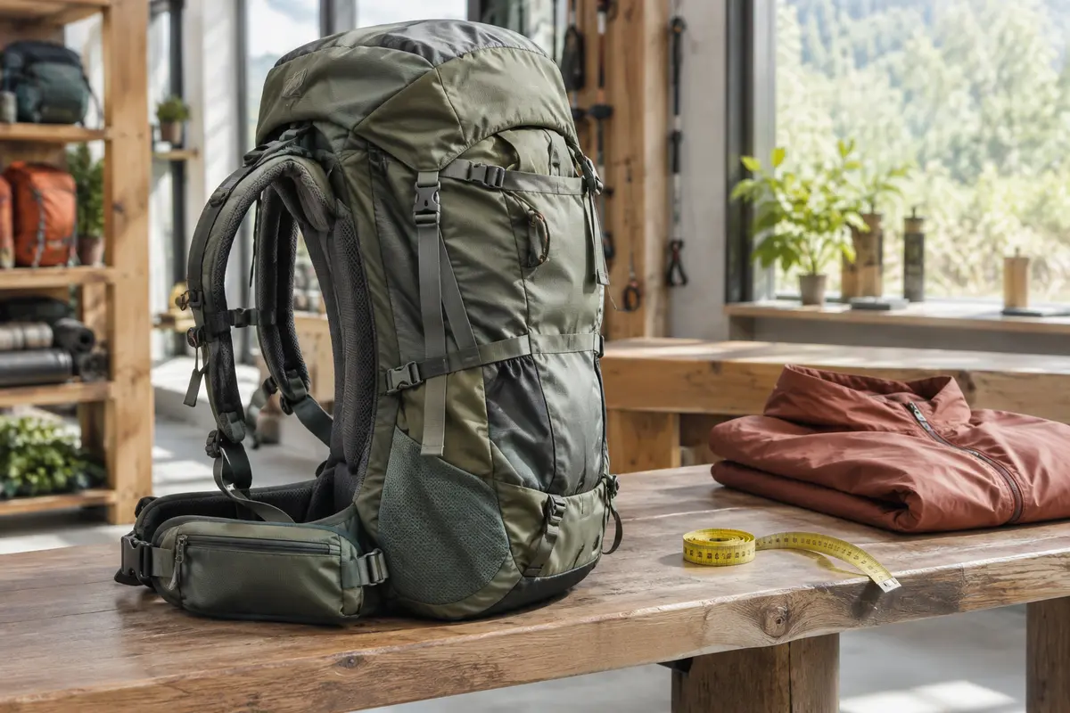 Sac de randonnée avec bretelles et ceinture visibles, accompagné d’un mètre ruban pour l’essayage.