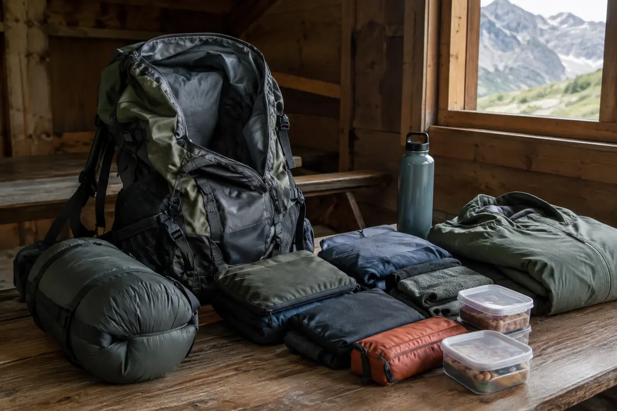 Sac de trekking ouvert avec duvet, vêtements, vivres et matériel rangés par catégories pour une itinérance.