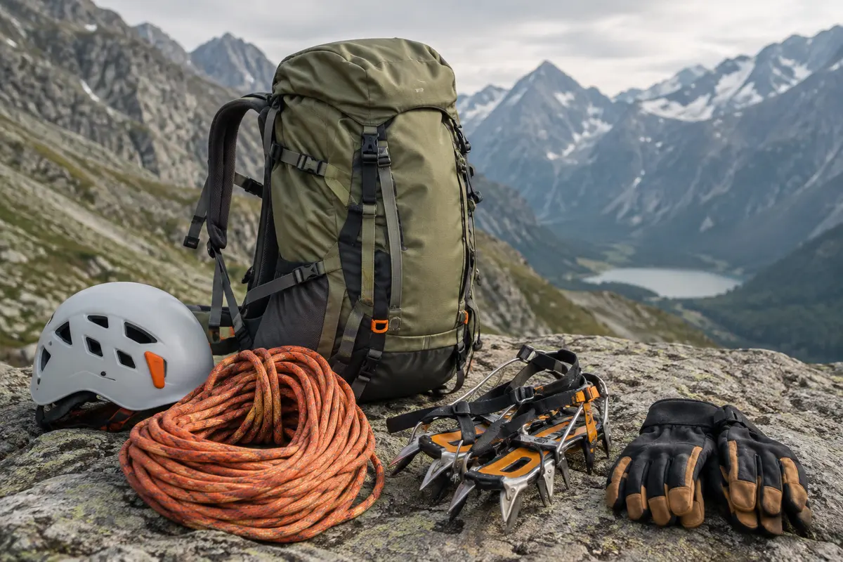 Sac de montagne avec attaches visibles, corde, casque et crampons protégés posés à côté