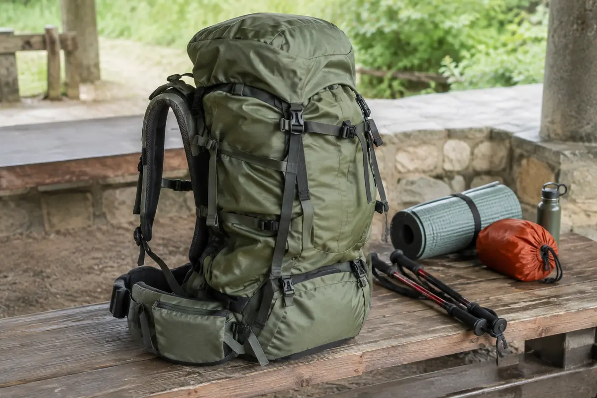 Sac de randonnée chargé posé sur un banc, avec ceinture ventrale et sangles de réglage visibles.