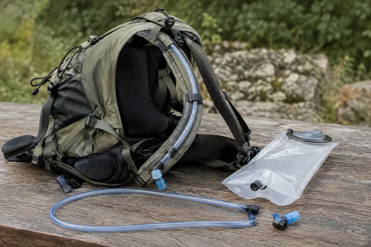 Sac de randonnée et poche à eau avec tuyau détaché, embout et bretelle visibles