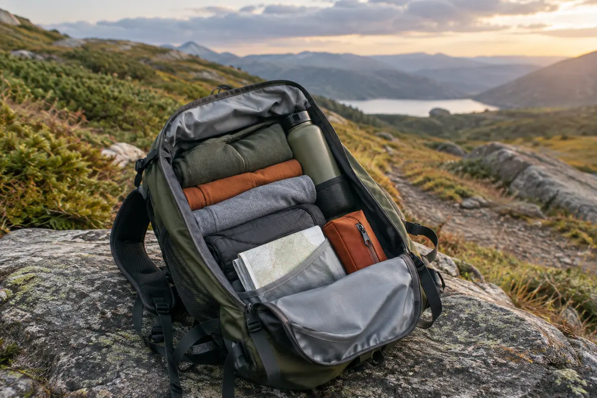 Sac à dos de randonnée léger organisé sur un sentier de montagne, avec le matériel rangé et accessible.