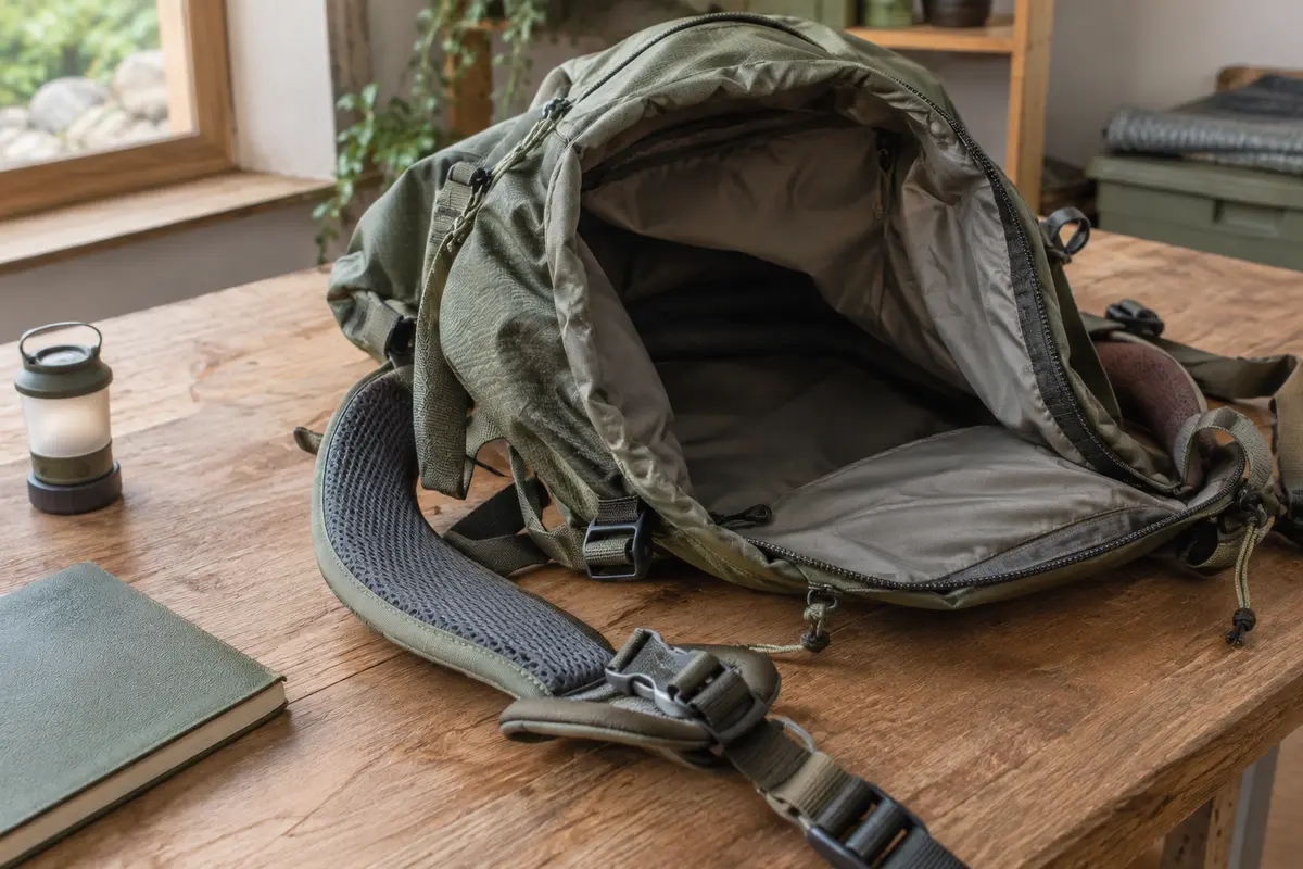 Sac à dos de randonnée ouvert pour contrôler ses coutures, ses boucles et ses sangles avant une itinérance.