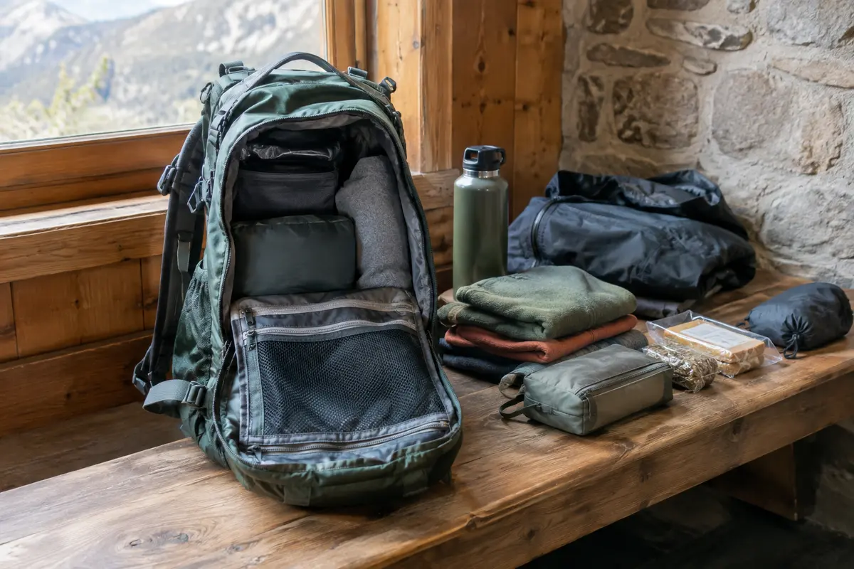 Sac à dos compact ouvert dans un refuge, avec vêtements, gourde et repas prêts pour une nuit.