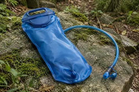 Poche à eau bleue Arcwind avec large ouverture, tuyau et embout posée sur une pierre en sous-bois