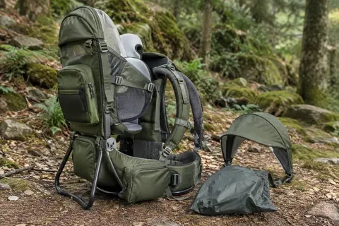 Porte-bébé de randonnée vert avec cadre, bretelles rembourrées et pare-soleil posé en sous-bois
