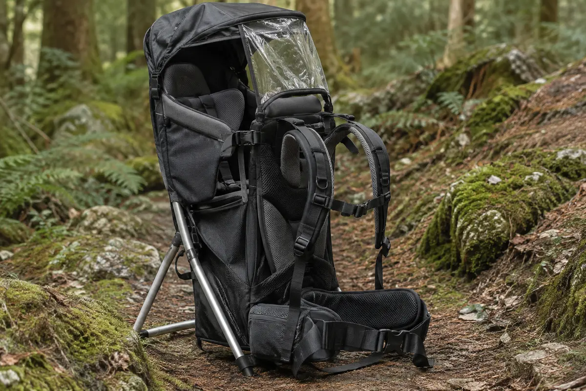 Porte-bébé de randonnée noir pliable posé sur un sentier, avec siège rembourré et pare-soleil.