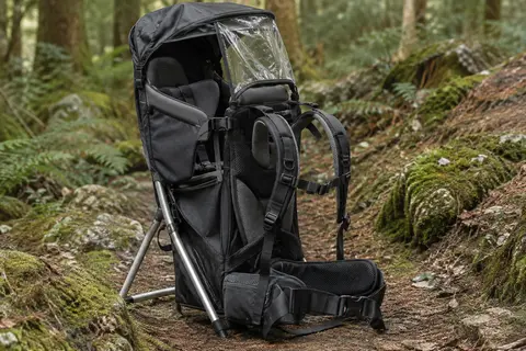 Porte-bébé de randonnée noir pliable posé sur un sentier, avec siège rembourré et pare-soleil.