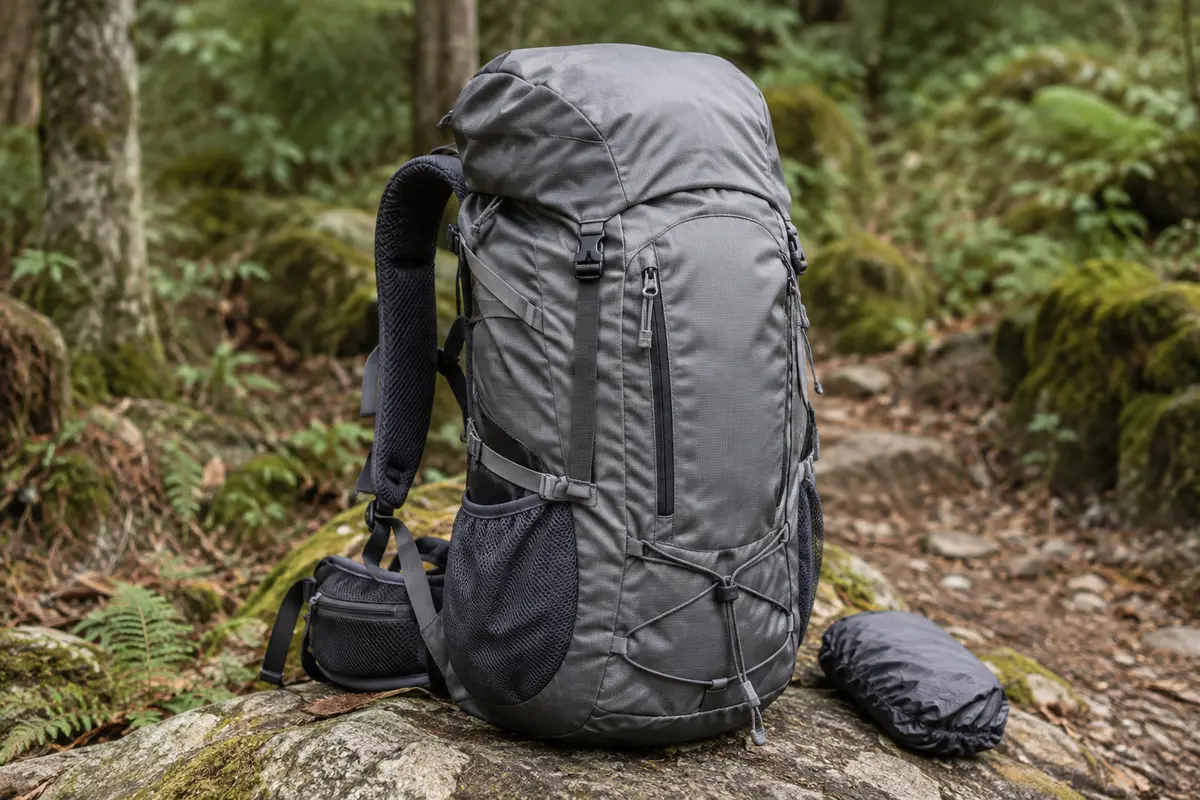 Sac à dos de randonnée gris avec poches latérales, bretelles en maille et housse de pluie dans un sous-bois