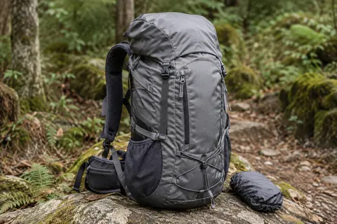 Sac à dos de randonnée gris avec poches latérales, bretelles en maille et housse de pluie dans un sous-bois