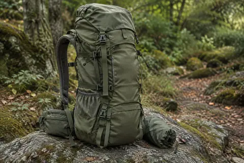 Sac à dos de trekking vert militaire de 60 L posé sur une pierre, avec ses sangles extérieures et sa housse de pluie.
