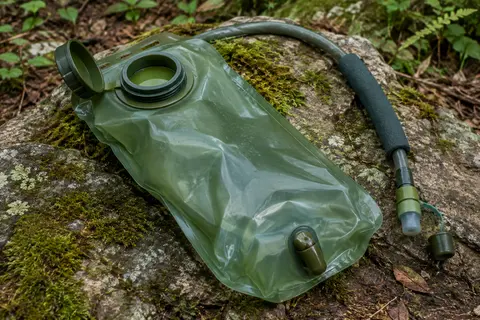 Poche à eau verte de 2 litres avec tube isolé et embout souple posée sur une pierre en sous-bois.