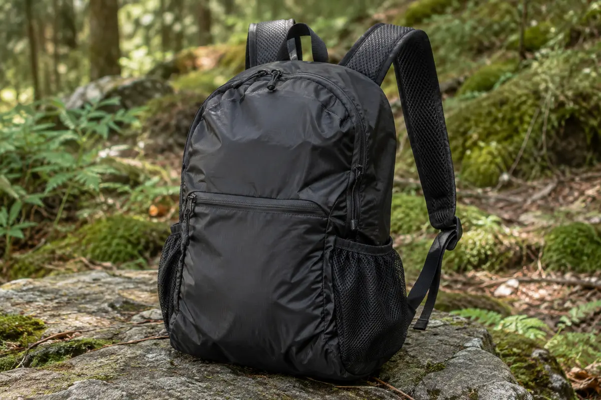 Sac à dos pliable noir de 15 L posé sur une pierre au bord d’un sentier forestier