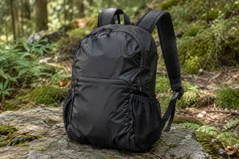 Sac à dos pliable noir de 15 L posé sur une pierre au bord d’un sentier forestier