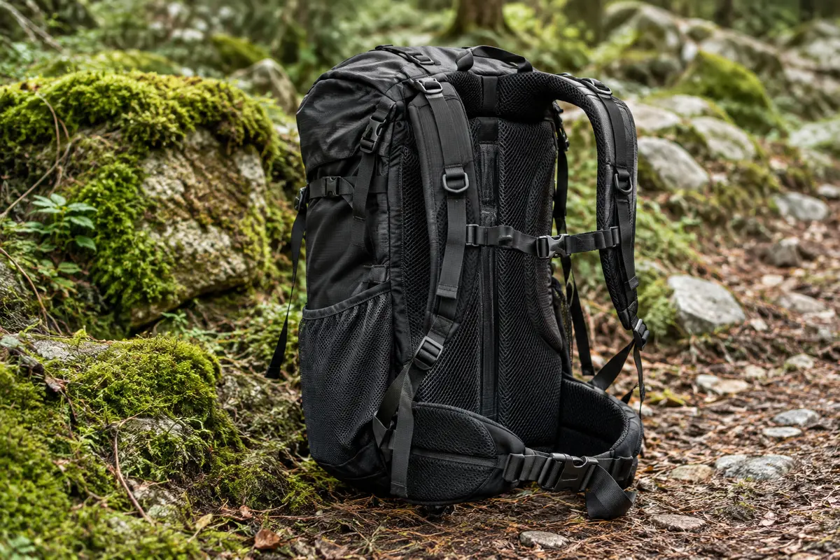 Sac à dos de randonnée noir Deuter Futura 25 SL posé sur un sentier forestier, avec son dos en filet visible