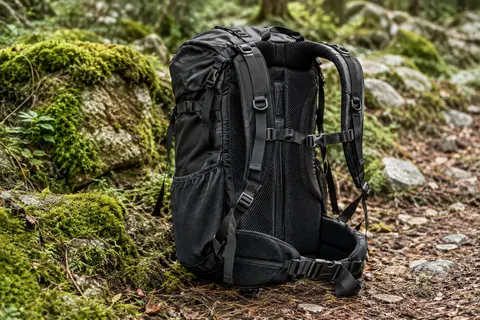 Sac à dos de randonnée noir Deuter Futura 25 SL posé sur un sentier forestier, avec son dos en filet visible