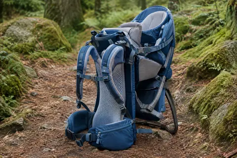Porte-bébé de randonnée bleu posé en sous-bois, avec siège réglable, repose-pieds et dossier en maille visible.