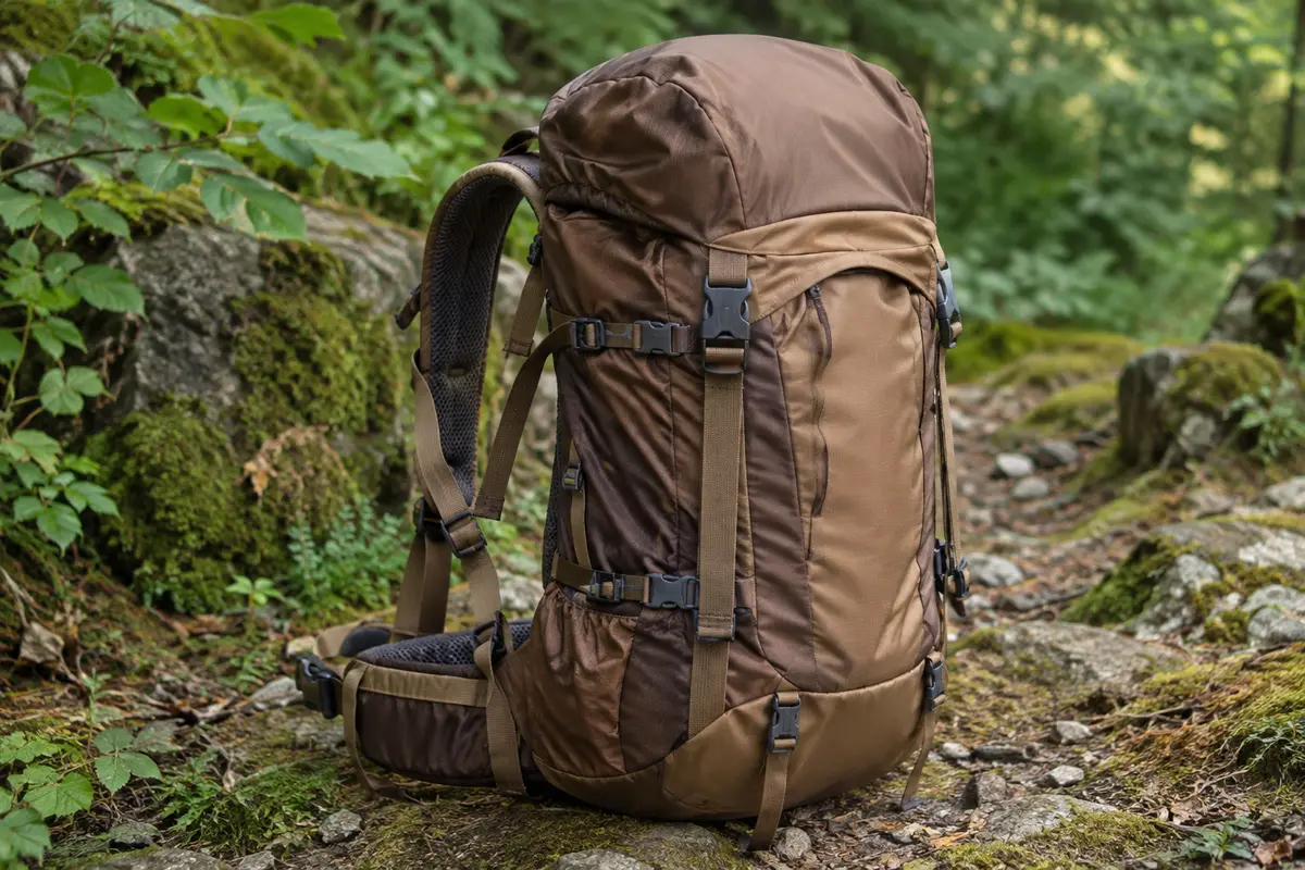 Sac à dos de trekking Deuter Aircontact Lite posé sur un sentier de sous-bois.