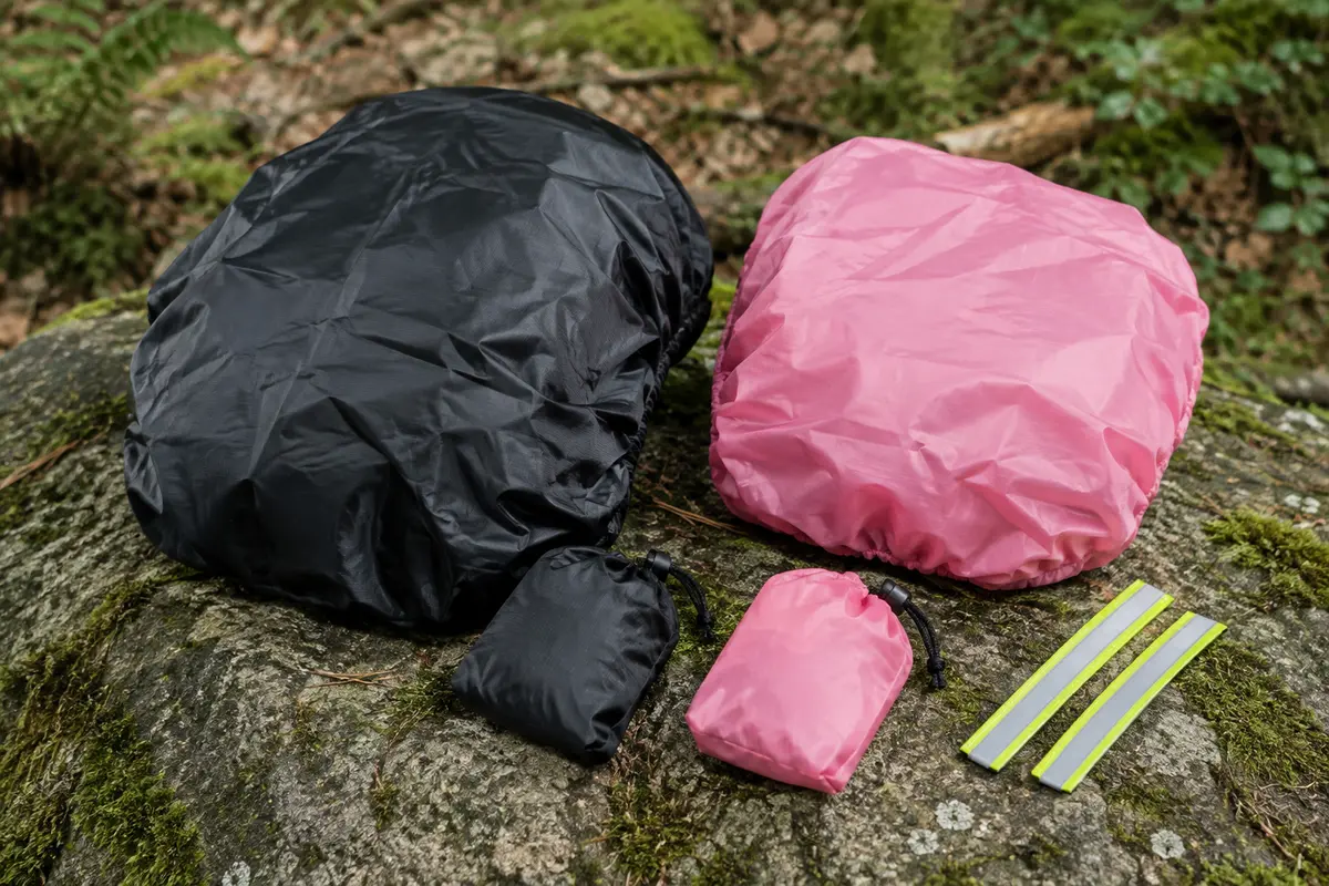 Deux housses de pluie pour sac à dos avec sacs de rangement et bandes réfléchissantes près d’un sentier