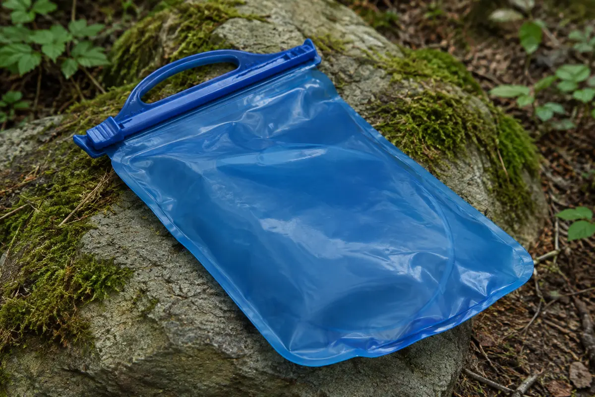 Poche à eau bleue en TPU avec fermeture coulissante et poignée, posée sur une pierre en sous-bois.