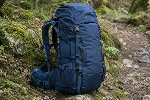 Sac à dos de trekking bleu foncé posé au bord d’un sentier, avec ses poches latérales et sa ceinture ventrale.