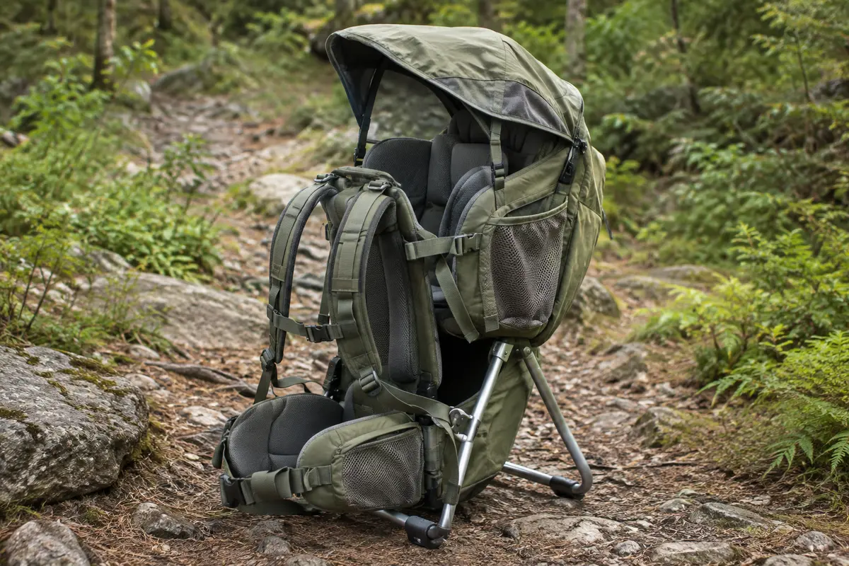 Porte-bébé de randonnée vert olive avec cadre aluminium, siège rembourré et housse pluie-soleil en sous-bois.