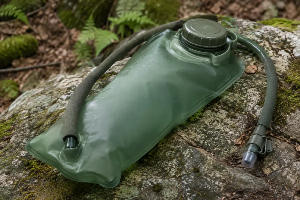 Poche d’hydratation verte de 3 L en TPU avec tuyau isolé, posée sur une pierre en sous-bois