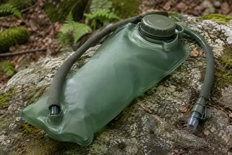 Poche d’hydratation verte de 3 L en TPU avec tuyau isolé, posée sur une pierre en sous-bois