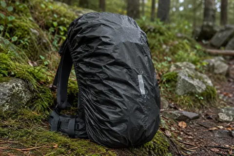 Housse de pluie Eastpak Cory déployée sur un sac à dos, avec un petit détail réfléchissant