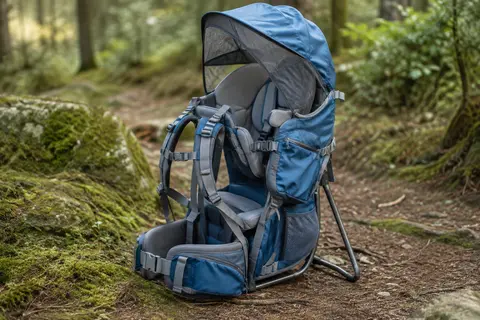 Porte-bébé de randonnée FASports bleu et gris avec assise rembourrée et capote, posé sur un sentier forestier