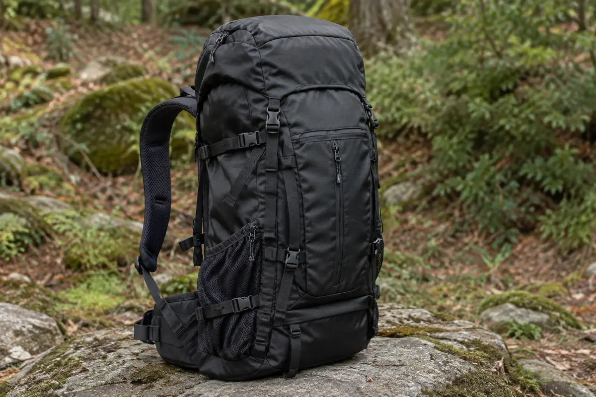 Sac à dos de randonnée noir posé sur une pierre en sous-bois, avec ses poches et ses sangles externes visibles.