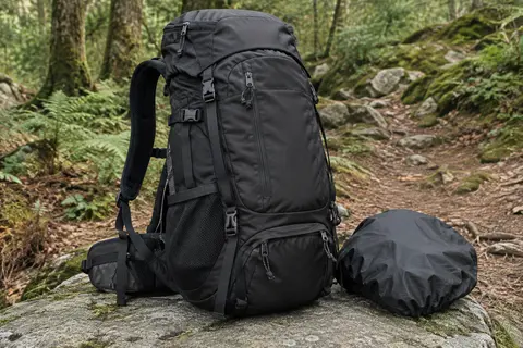 Sac à dos de randonnée noir avec poches zippées, bretelles épaisses et housse de pluie posée à côté