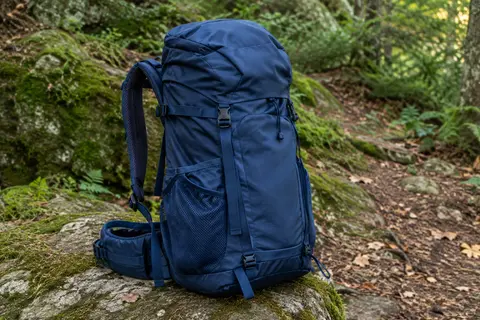 Sac à dos de randonnée bleu marine posé sur une pierre, avec bretelles rembourrées et poches latérales en filet.
